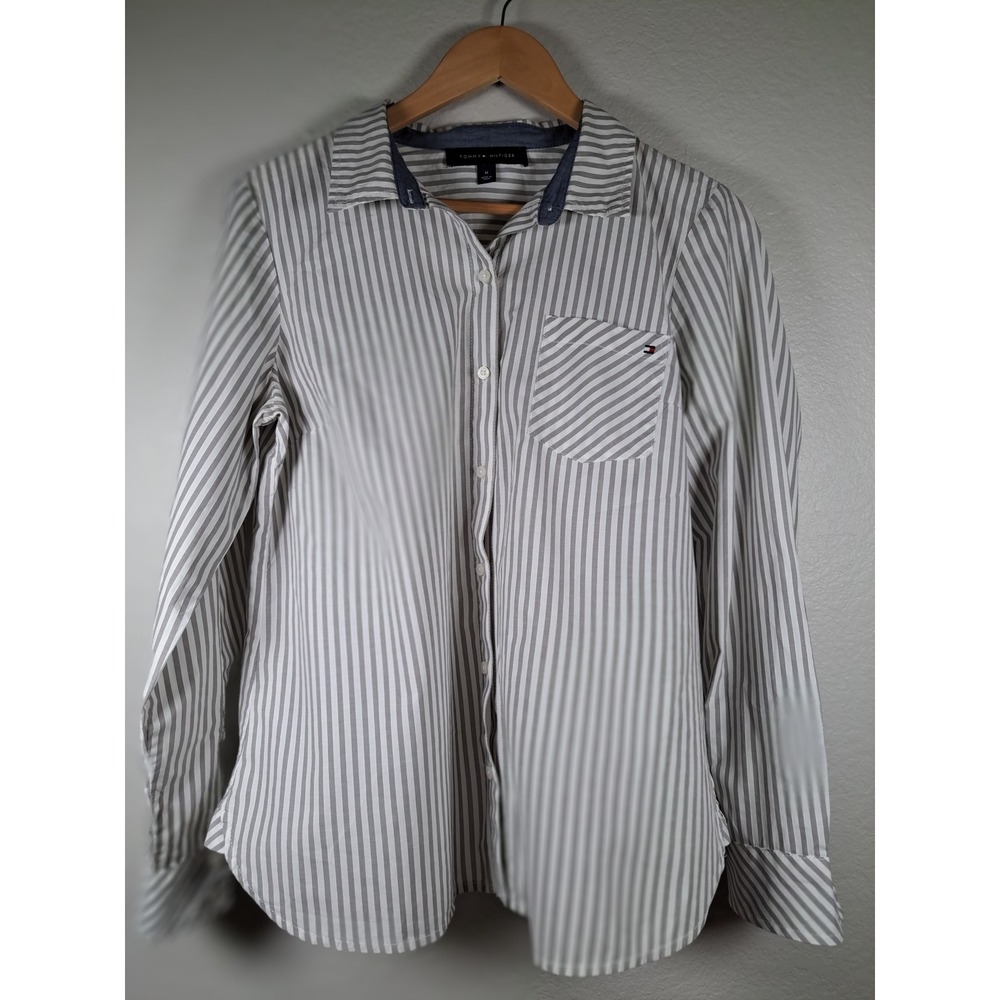 Tommy Hilfiger Womens Grey White Striped Cotton Button Down Shirt Size M